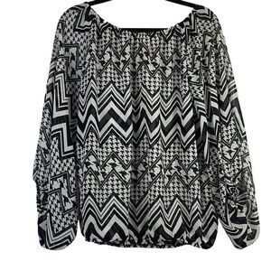 Cedar Rose Women's Chevron Houndstooth Sheer Off-Shoulder Top Black Medium